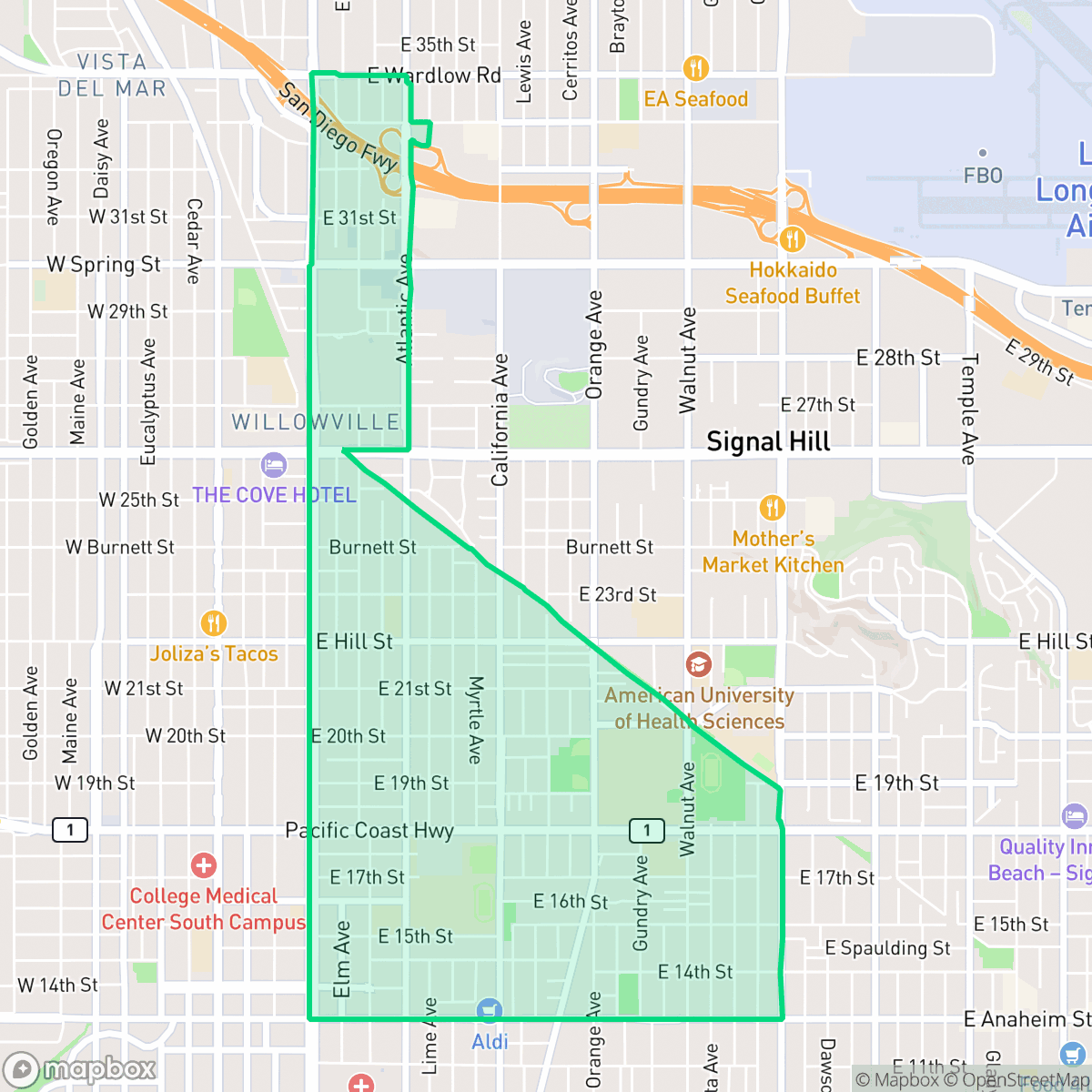 Map showing the location of Poly High District, Long Beach, CA