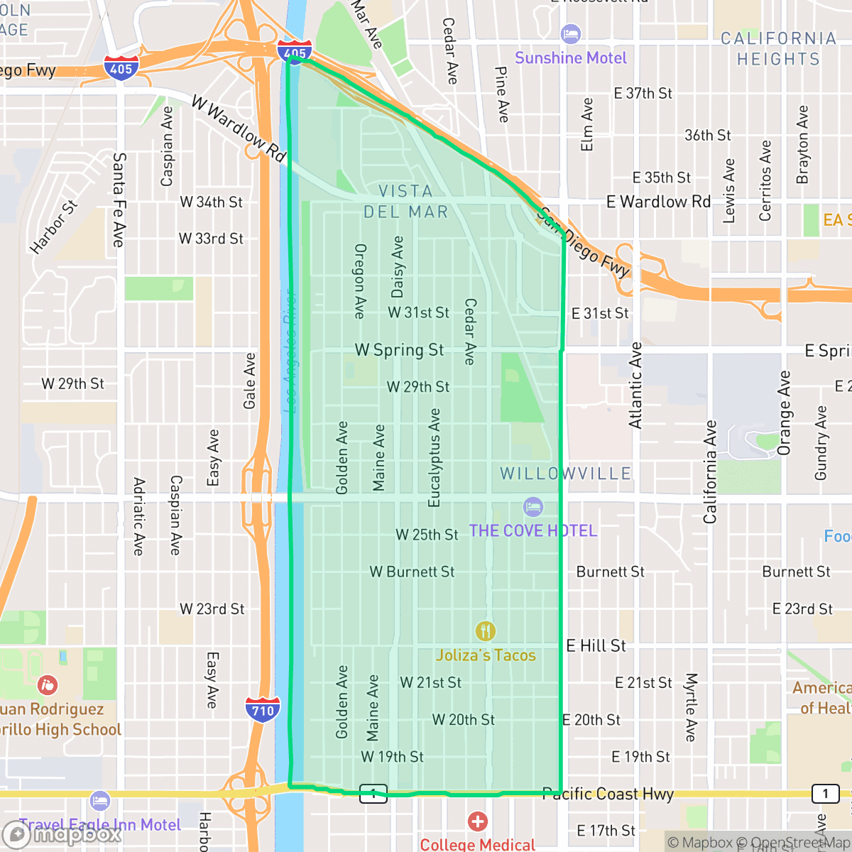 Map showing the location of Wrigley, Long Beach, CA