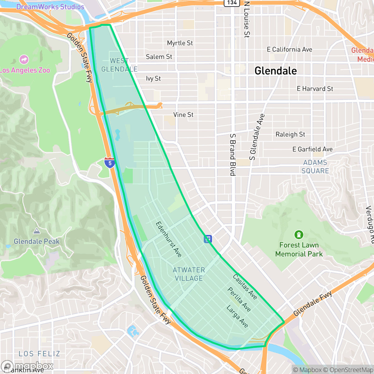 Map showing the location of Atwater Village, Los Angeles, CA