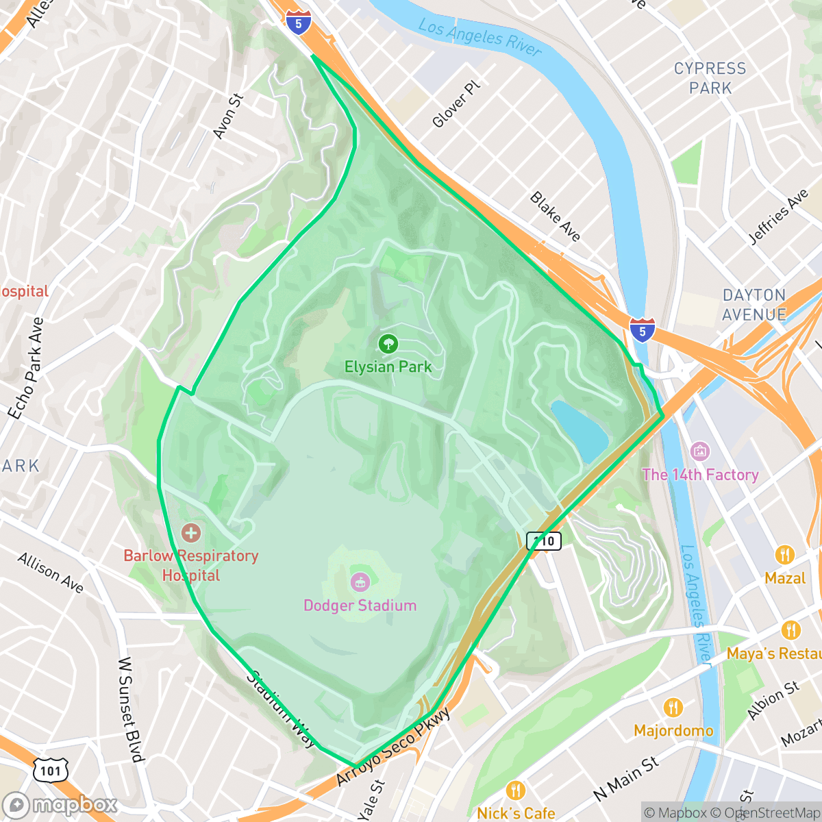Map showing the location of Elysian Park, Los Angeles, CA