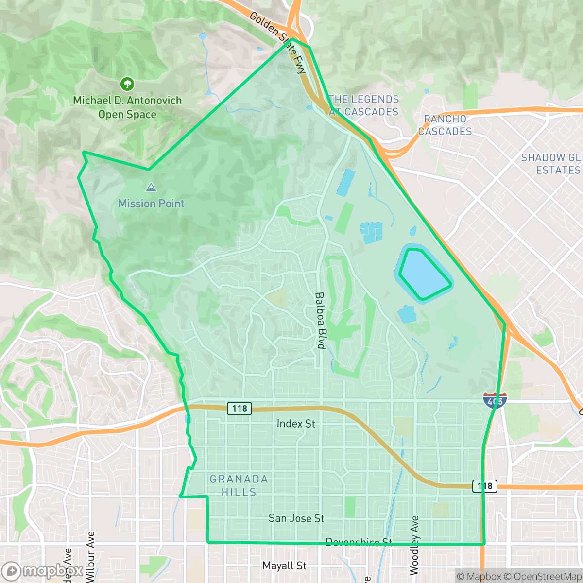 Map showing the location of Granada Hills, Los Angeles, CA