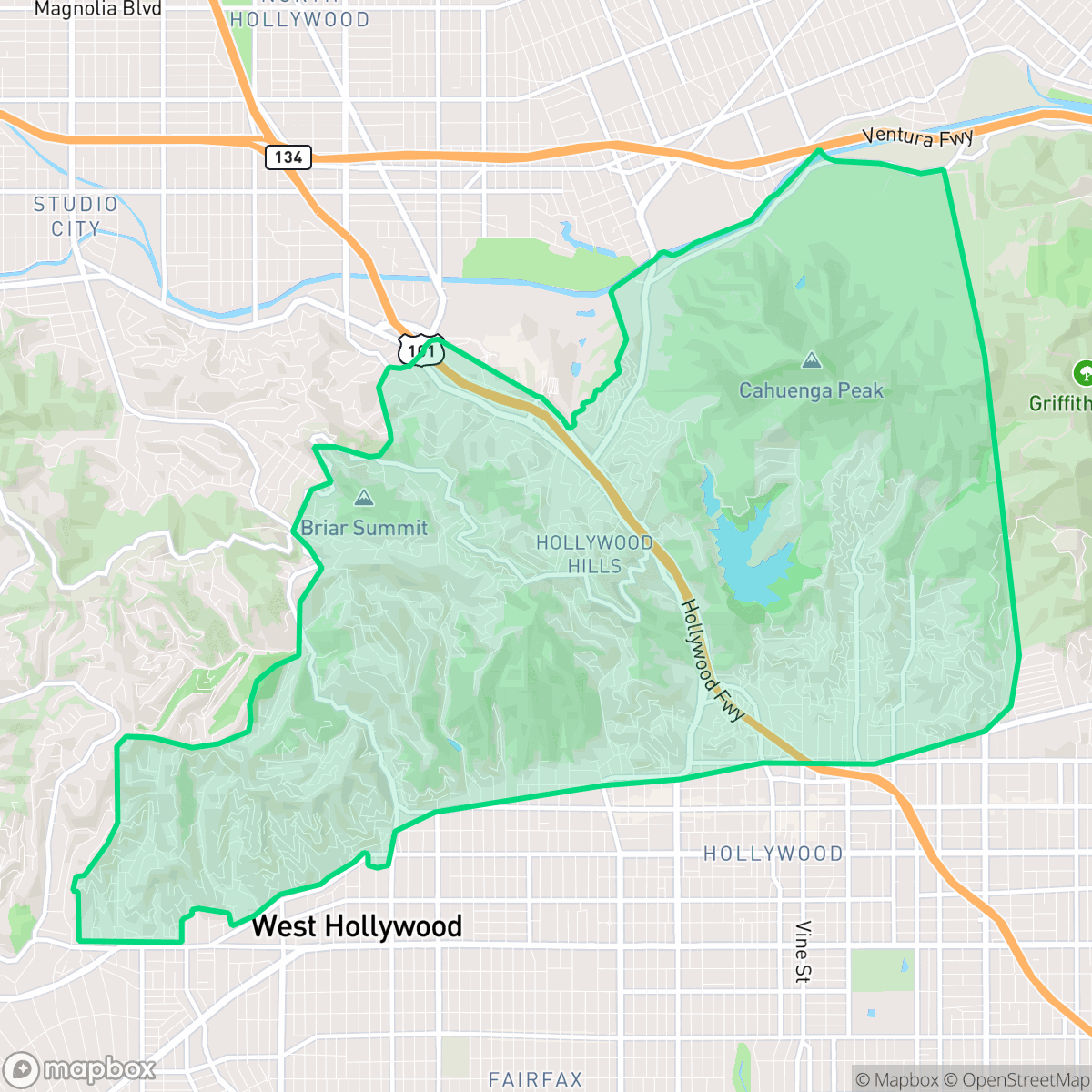 Map showing the location of Hollywood Hills, Los Angeles, CA