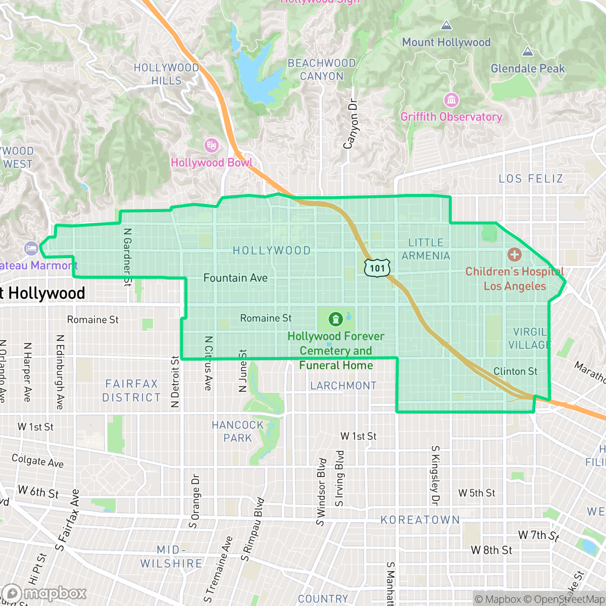 Map showing the location of Hollywood, Los Angeles, CA