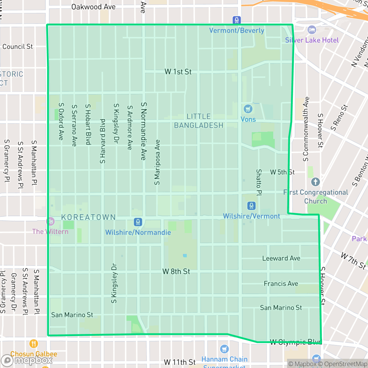 Map showing the location of Koreatown, Los Angeles, CA