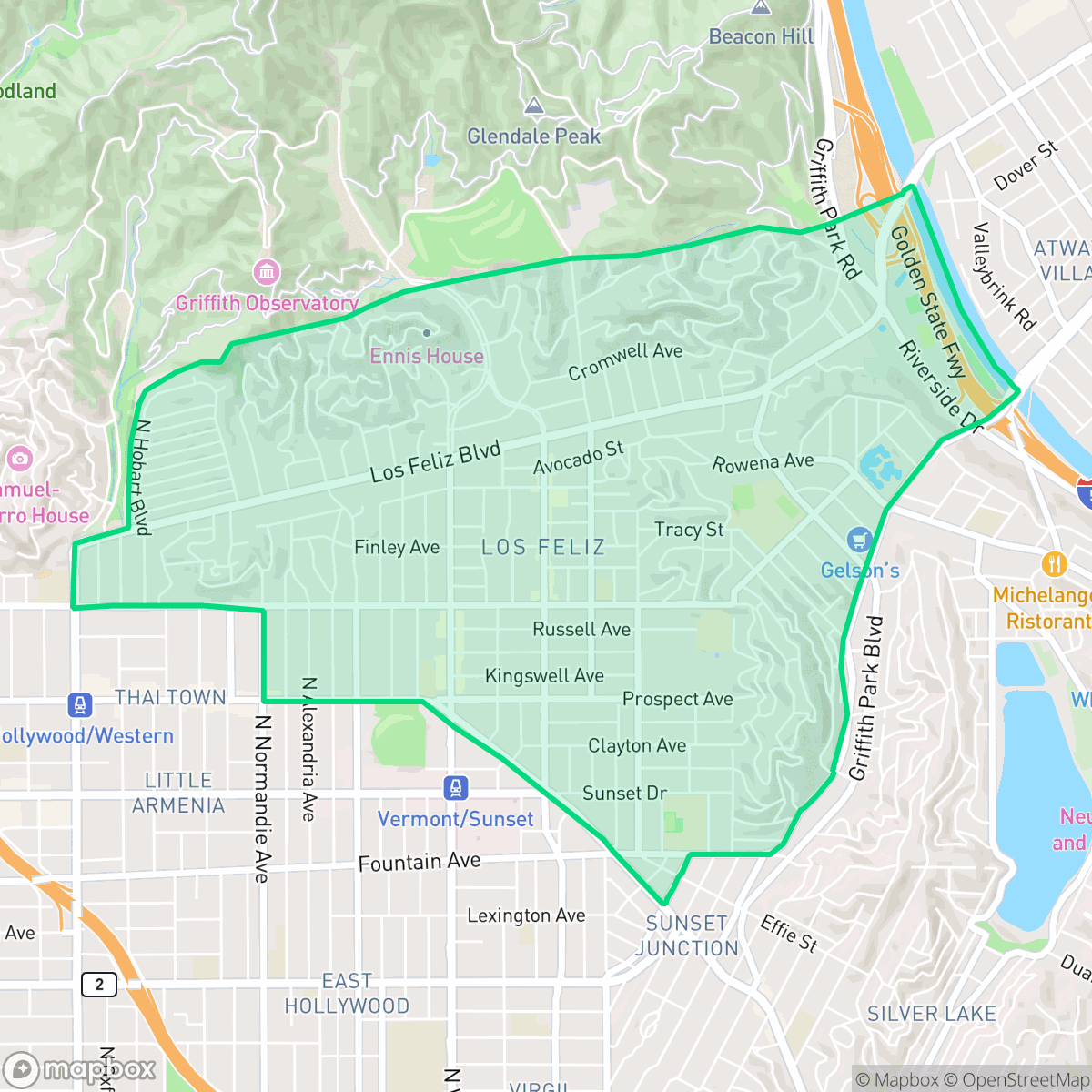 Map showing the location of Los Feliz, Los Angeles, CA