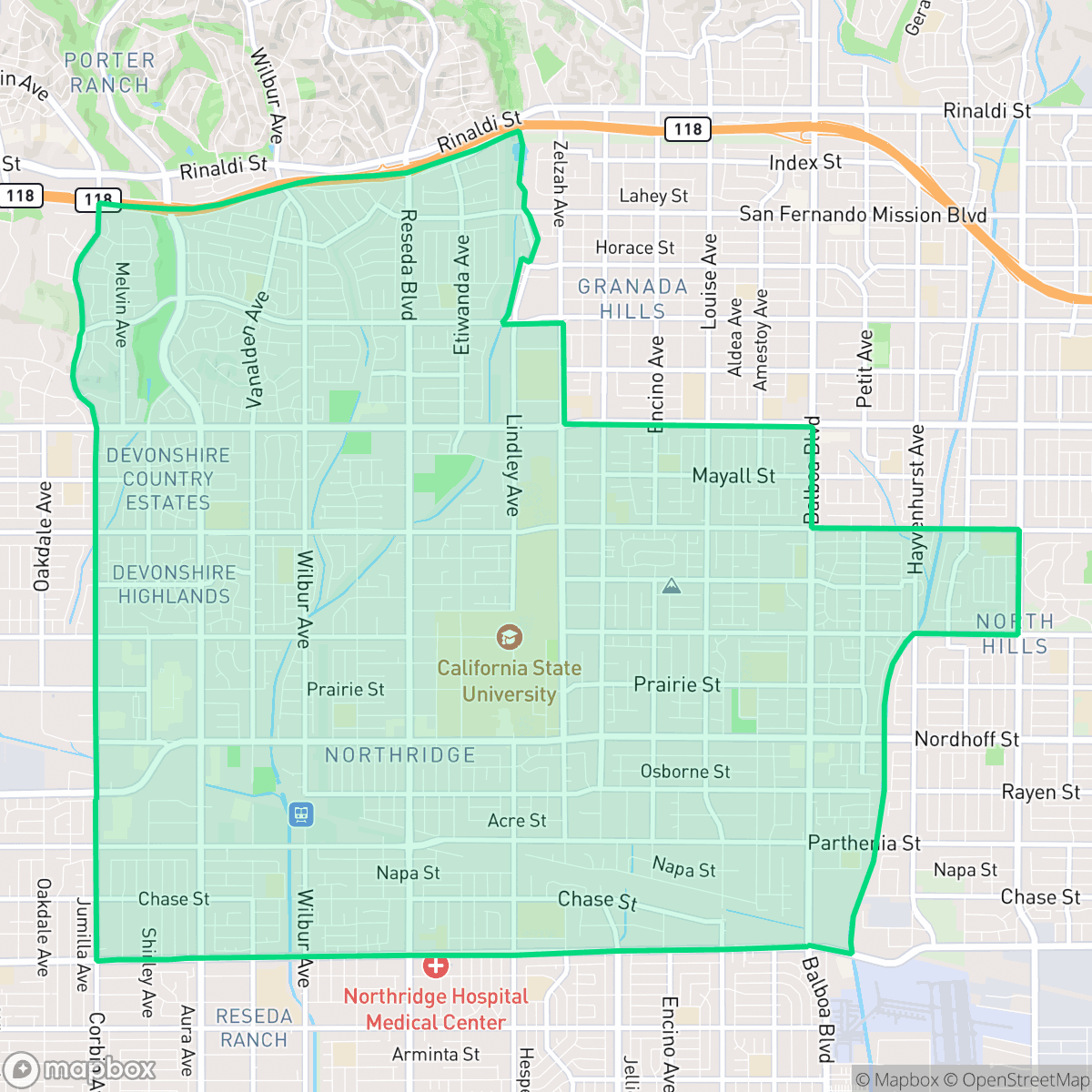 Map showing the location of Northridge, Los Angeles, CA