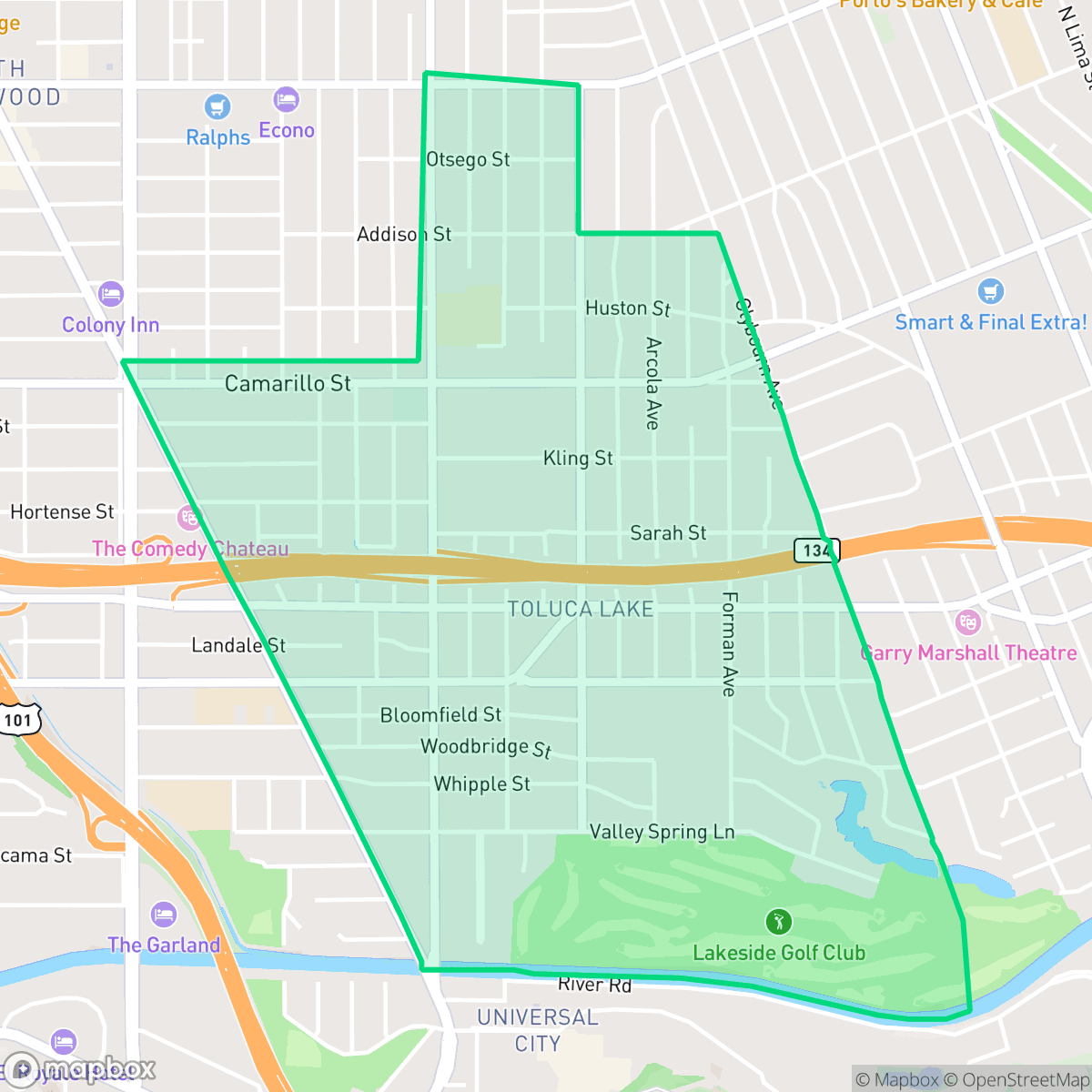 Map showing the location of Toluca Lake, Los Angeles, CA