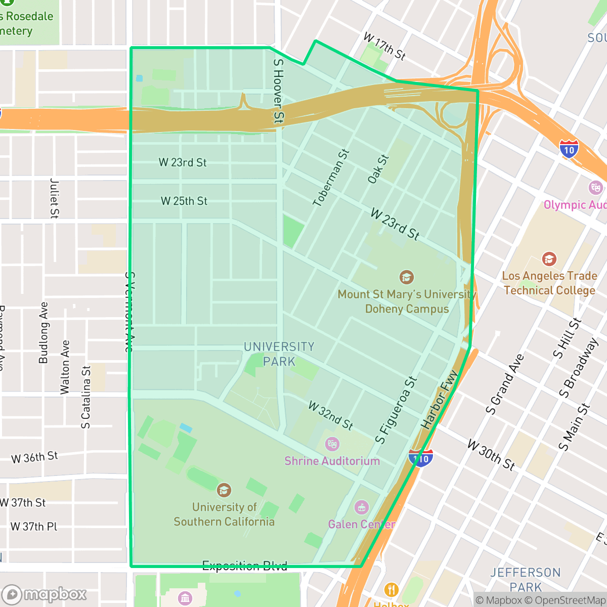 Map showing the location of University Park, Los Angeles, CA