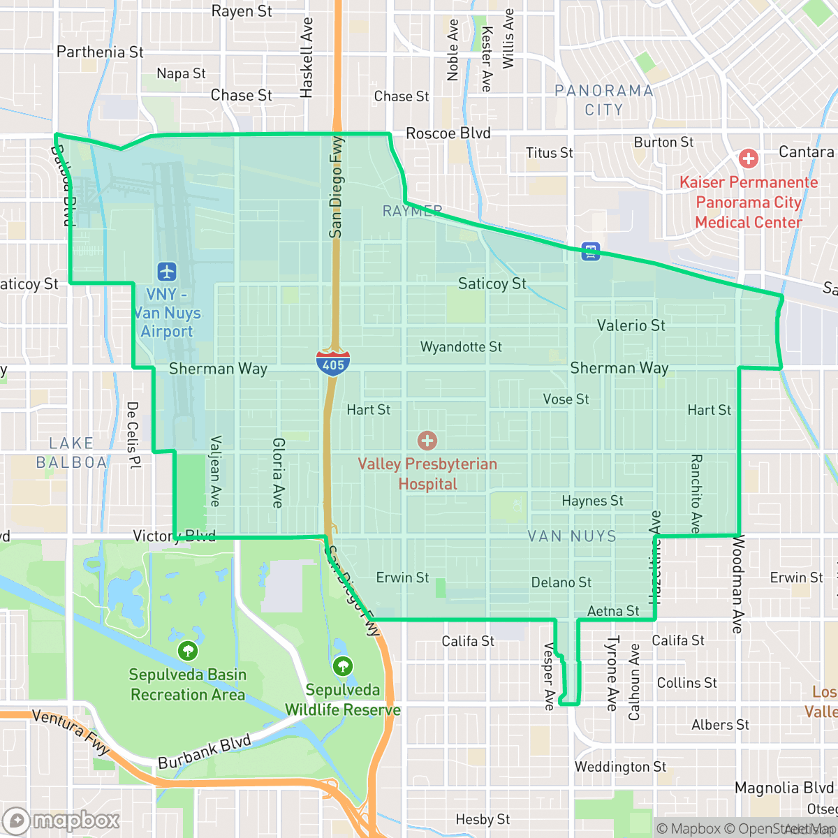 Map showing the location of Van Nuys, Los Angeles, CA