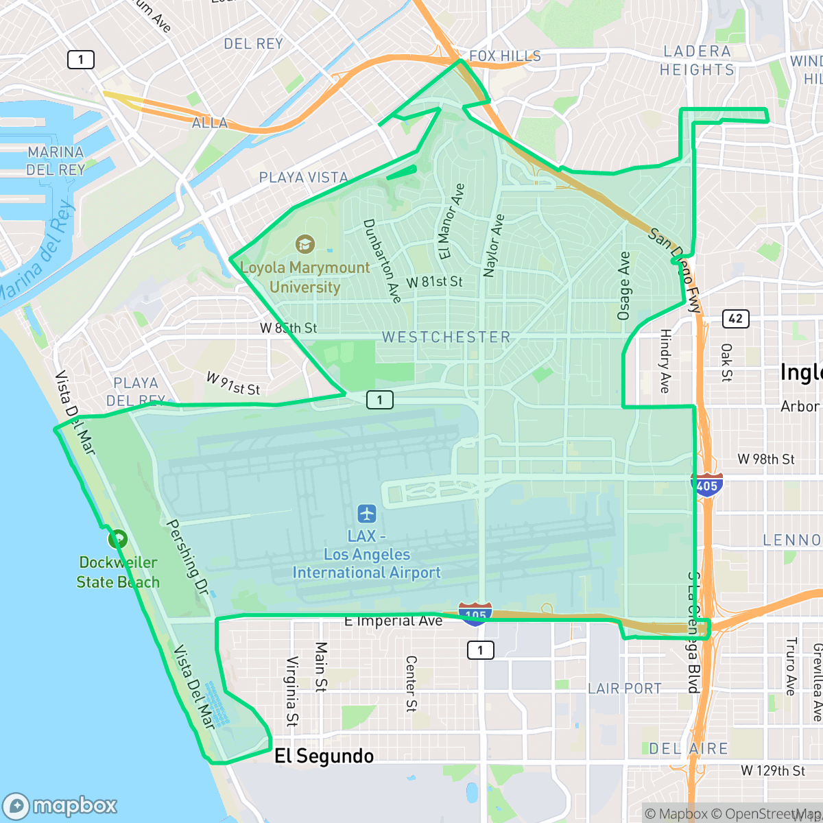 Map showing the location of Westchester, Los Angeles, CA