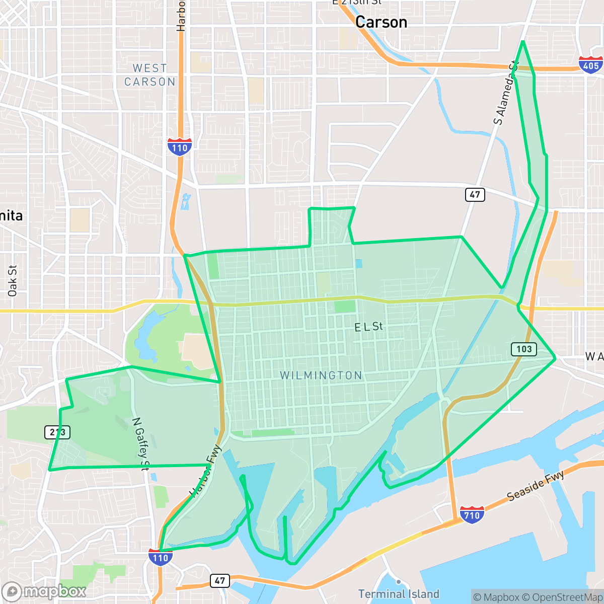 Map showing the location of Wilmington, Los Angeles, CA