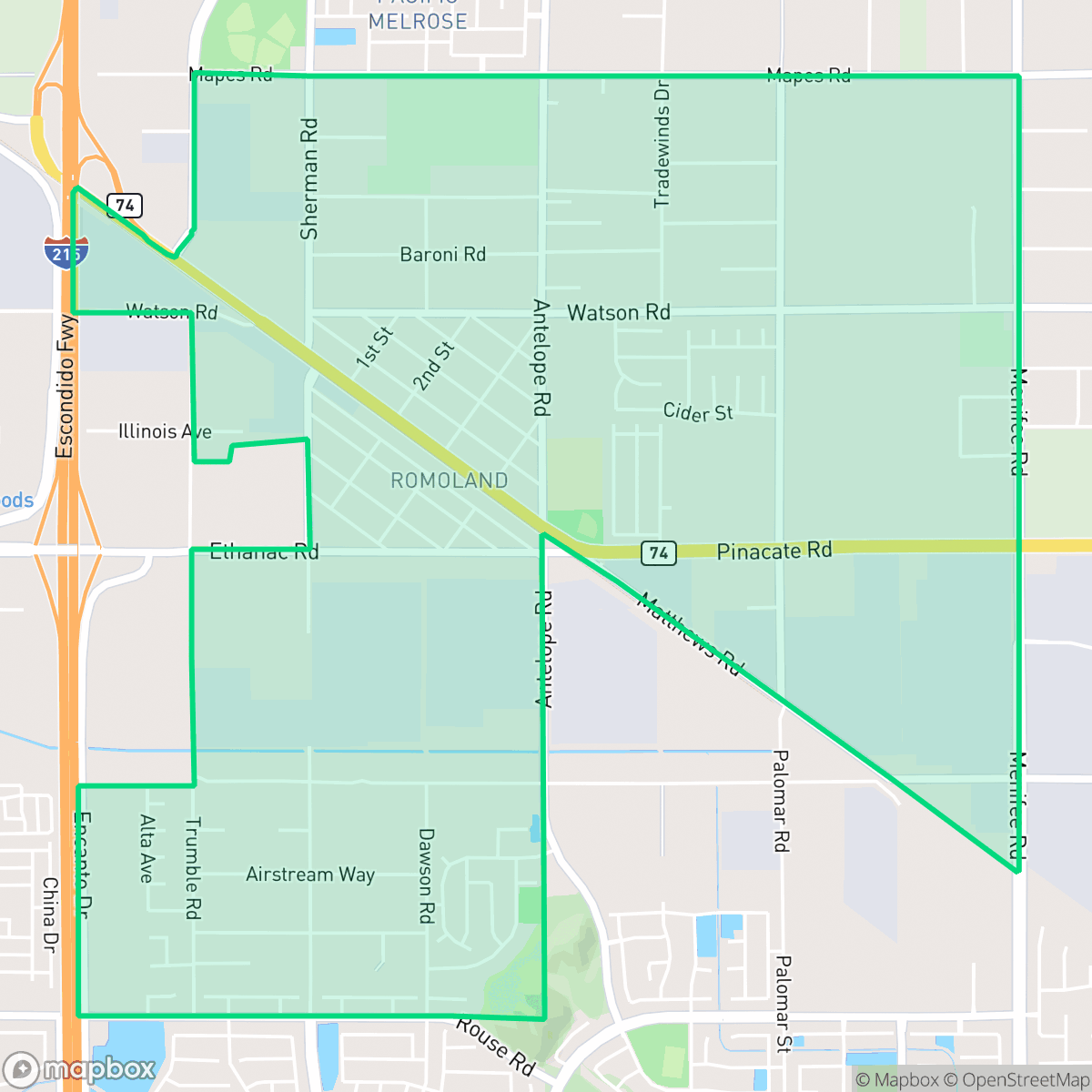 Map showing the location of Romoland, Menifee, CA
