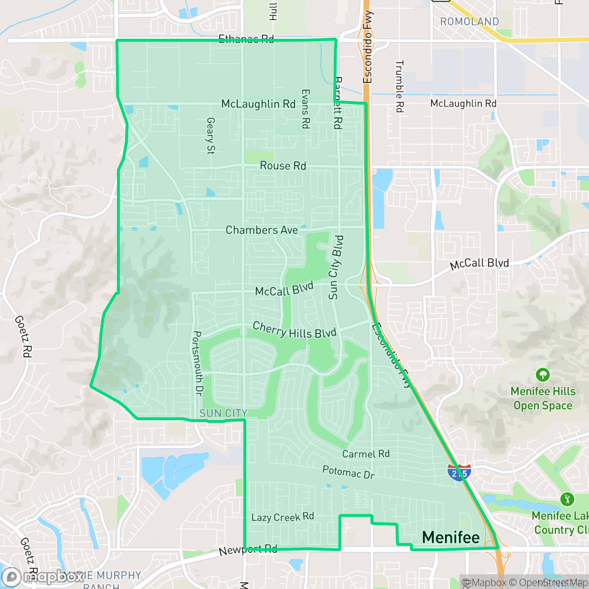 Map showing the location of Sun City, Menifee, CA