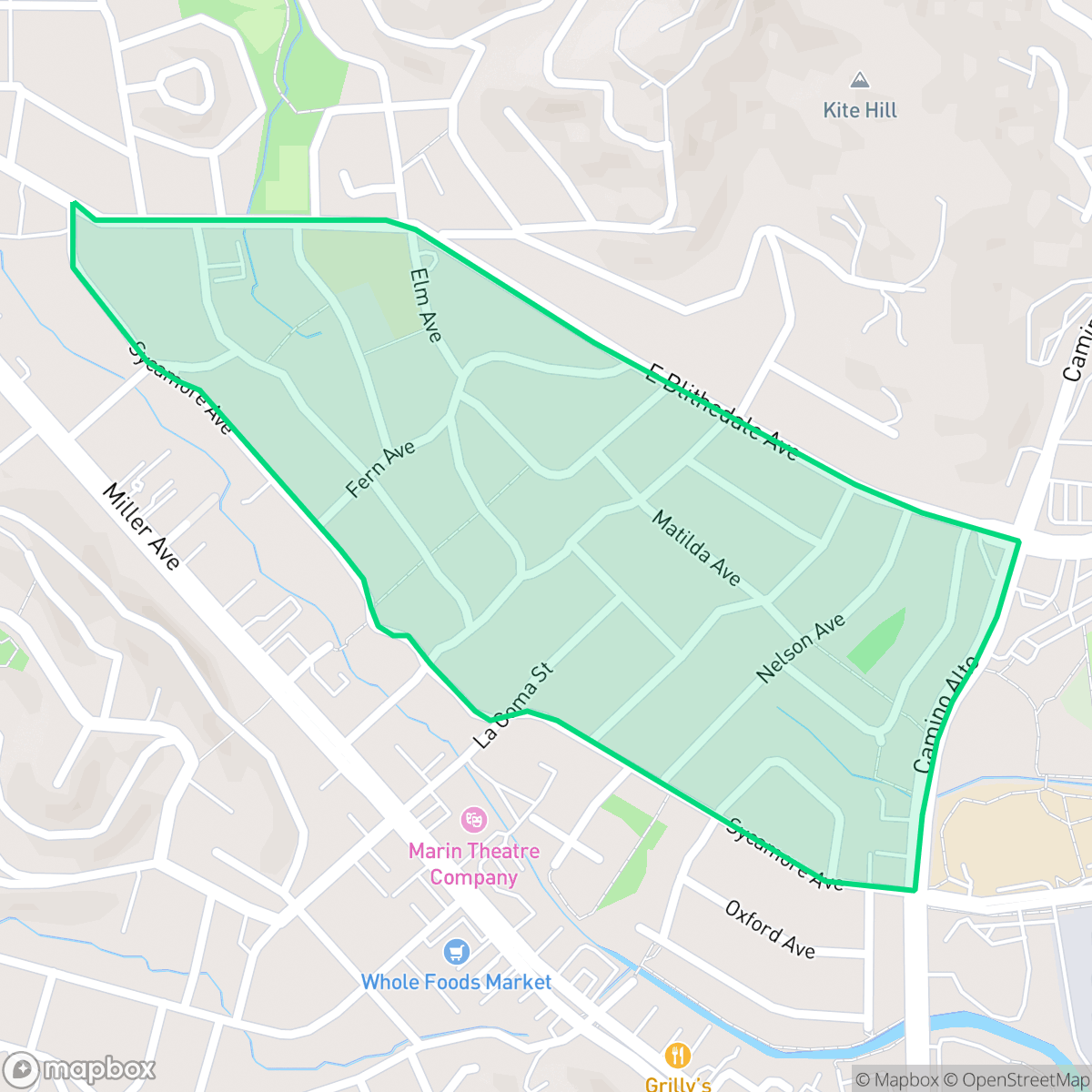 Map showing the location of Sycamore/Tamalpais Park, Mill Valley, CA