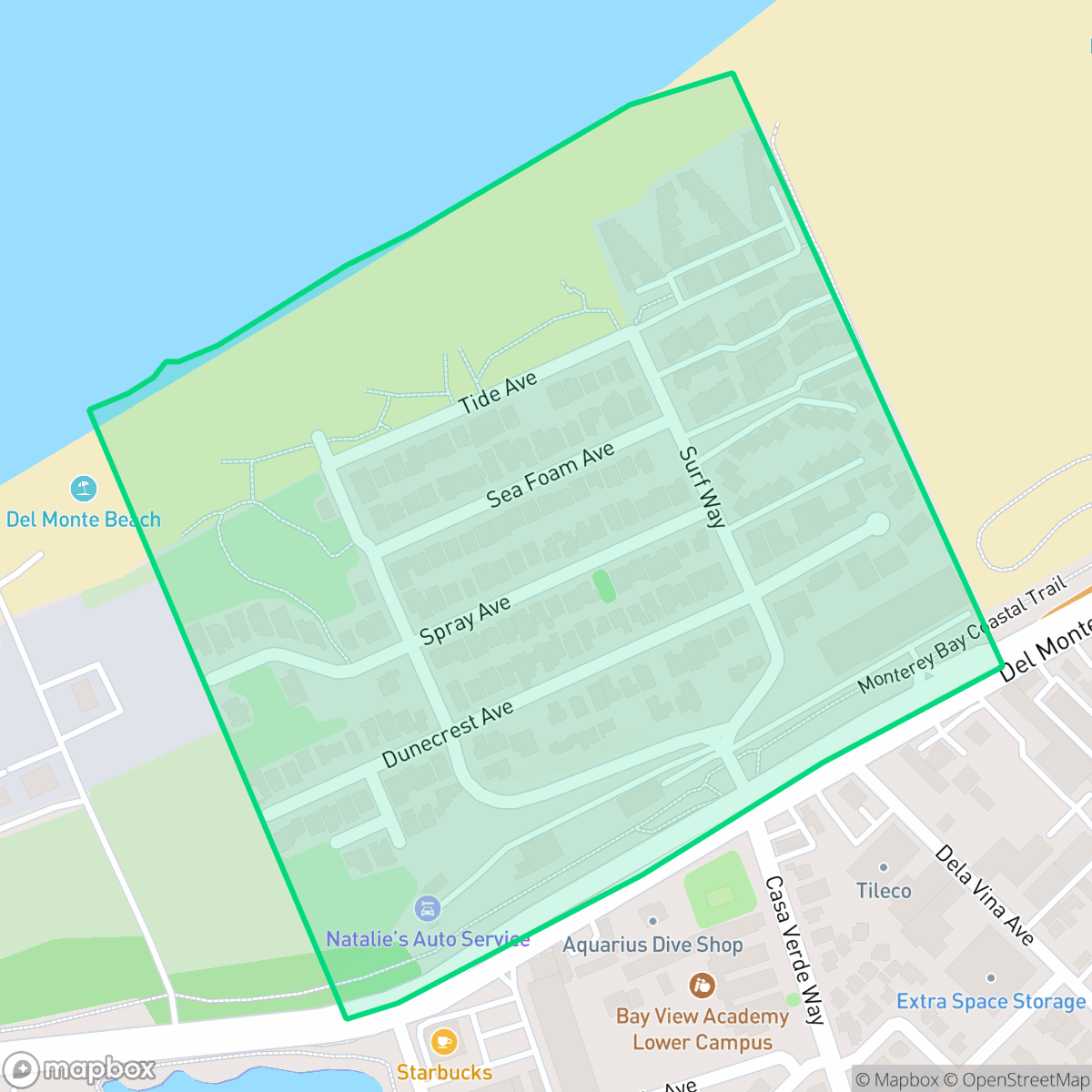 Map showing the location of Del Monte Beach, Monterey, CA