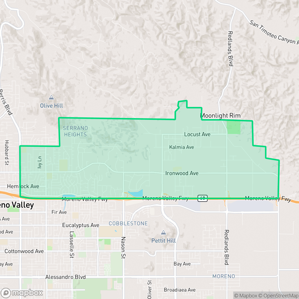 Map showing the location of Cloverdale, Moreno Valley, CA