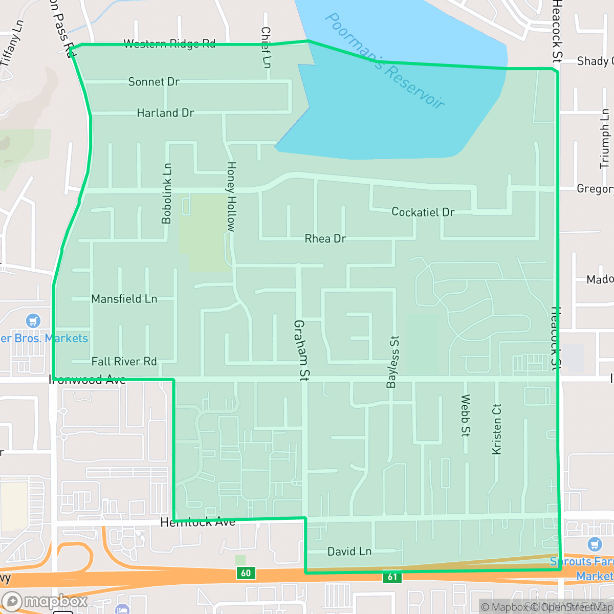 Map showing the location of Honey Hollow, Moreno Valley, CA
