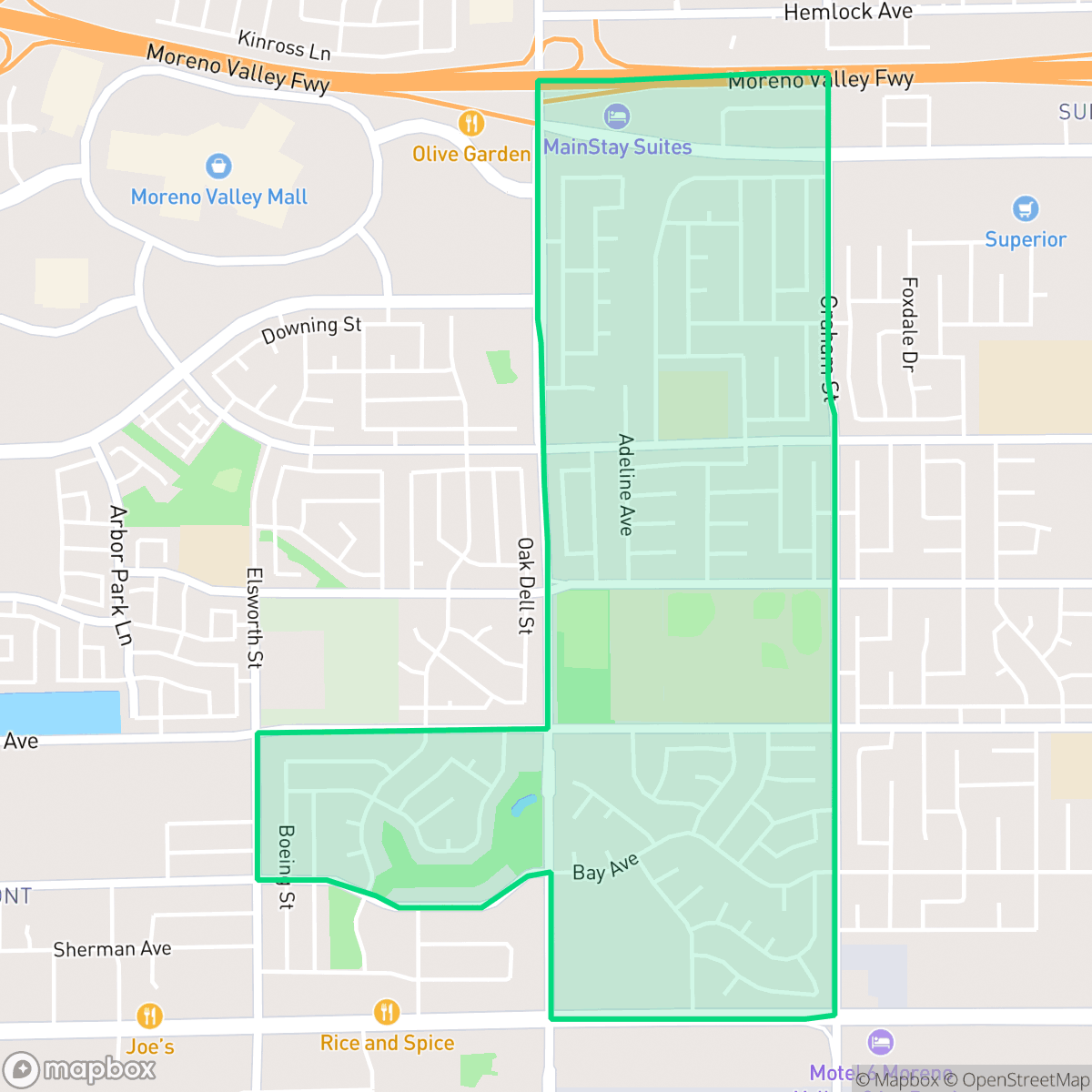 Map showing the location of Sunnymeadows, Moreno Valley, CA