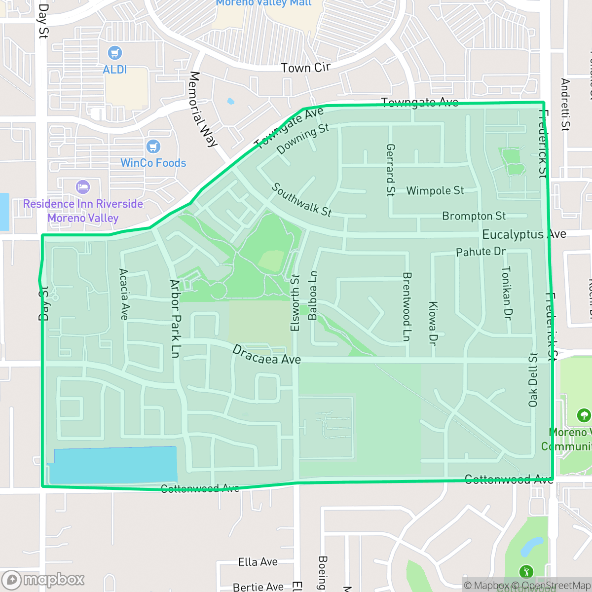 Map showing the location of Towngate, Moreno Valley, CA