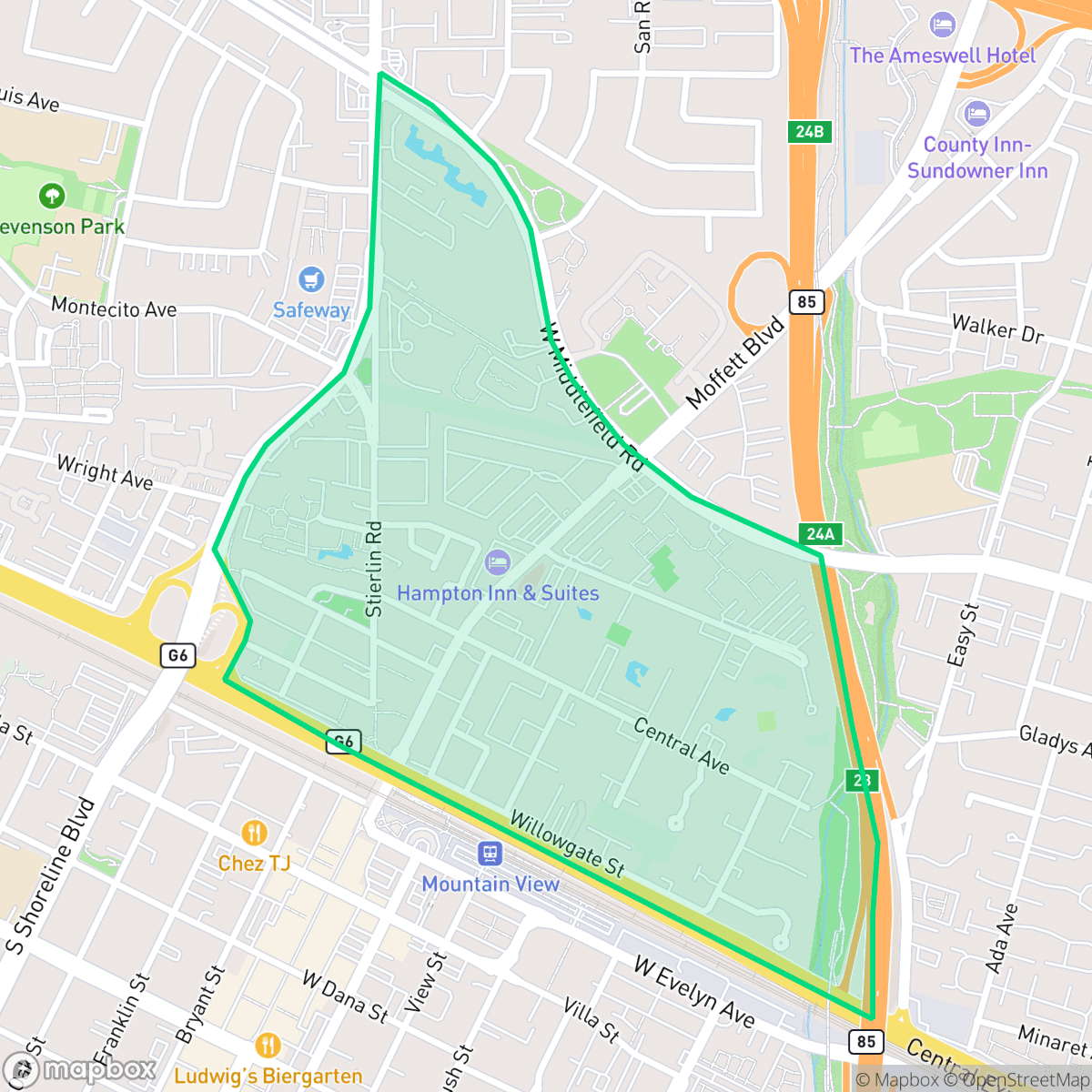 Map showing the location of Moffett Boulevard, Mountain View, CA