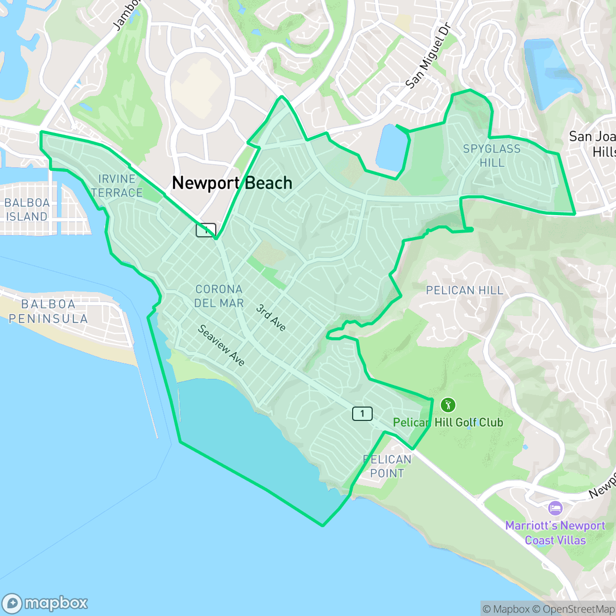 Map showing the location of Corona del Mar, Newport Beach, CA