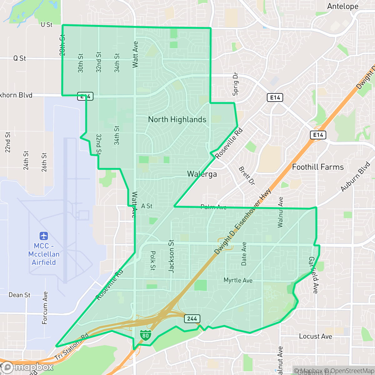 Map showing the location of North Highlands, CA — coverage area