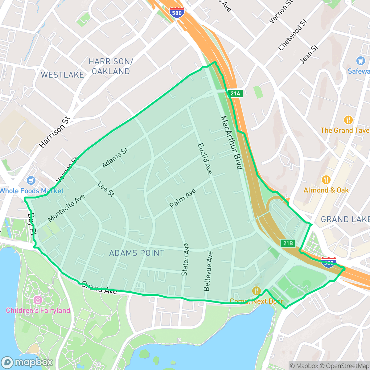 Map showing the location of Adams Point, Oakland, CA
