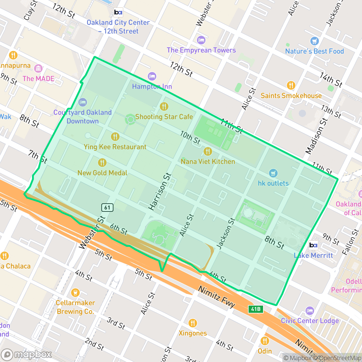 Map showing the location of Chinatown, Oakland, CA
