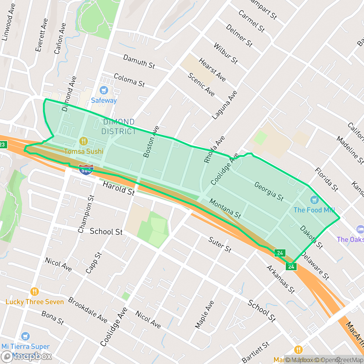 Map showing the location of Dimond, Oakland, CA