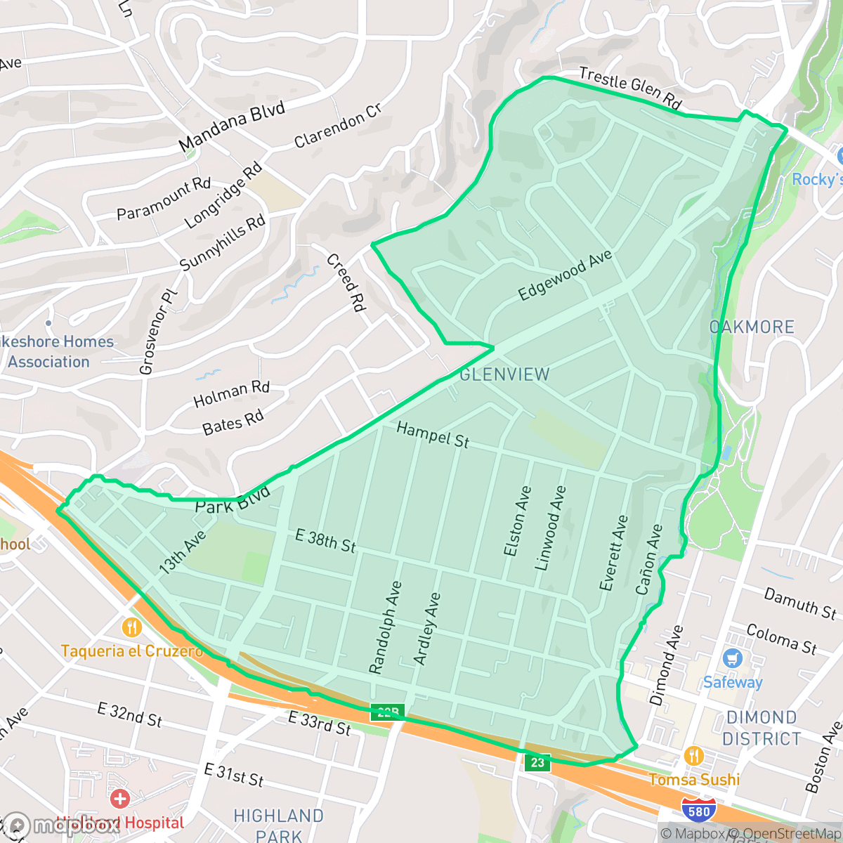 Map showing the location of Glenview, Oakland, CA