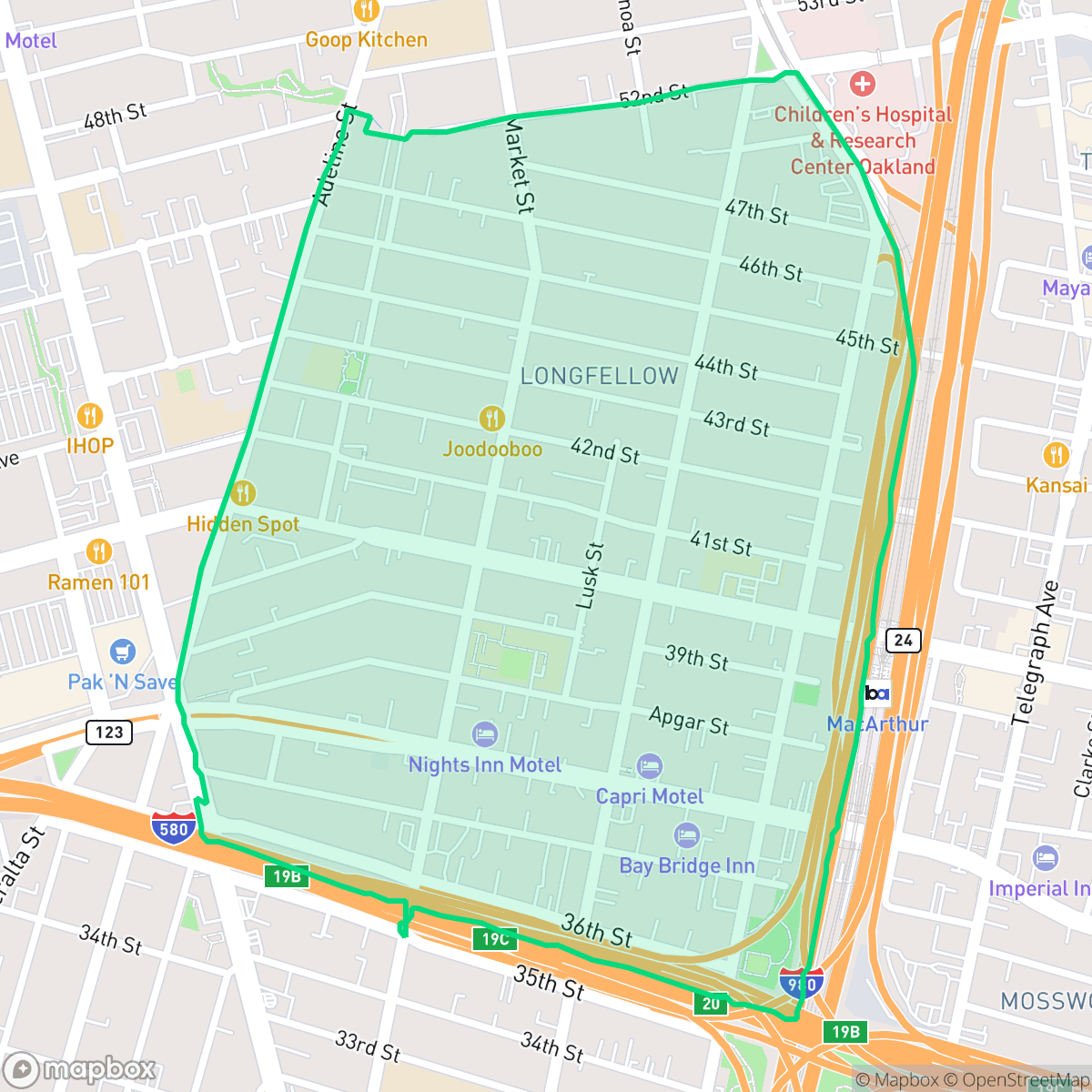 Map showing the location of Longfellow, Oakland, CA