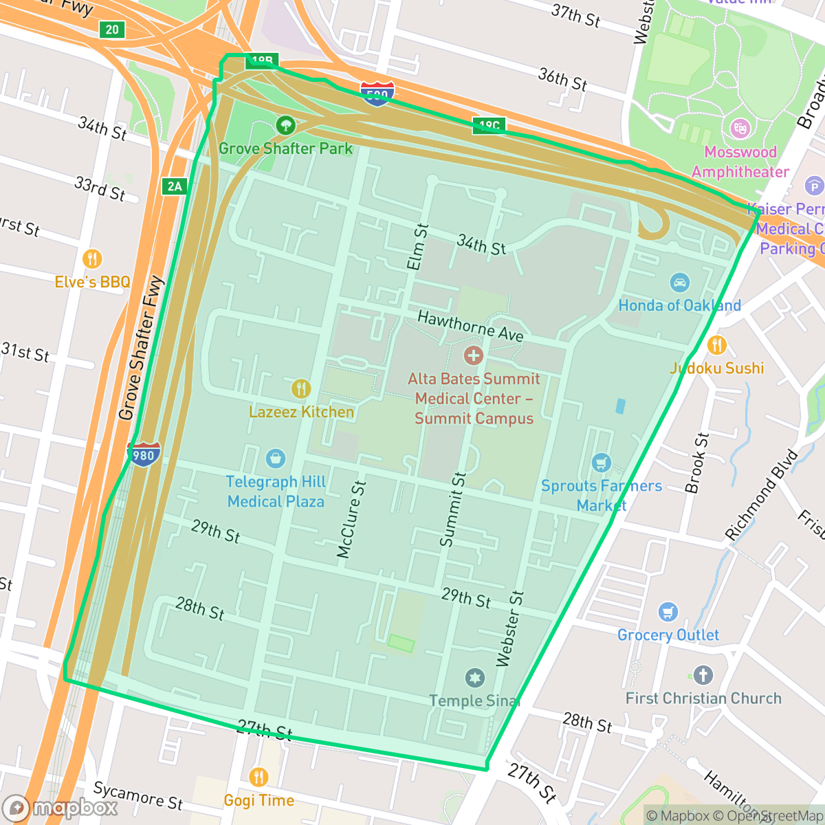 Map showing the location of Pill Hill, Oakland, CA