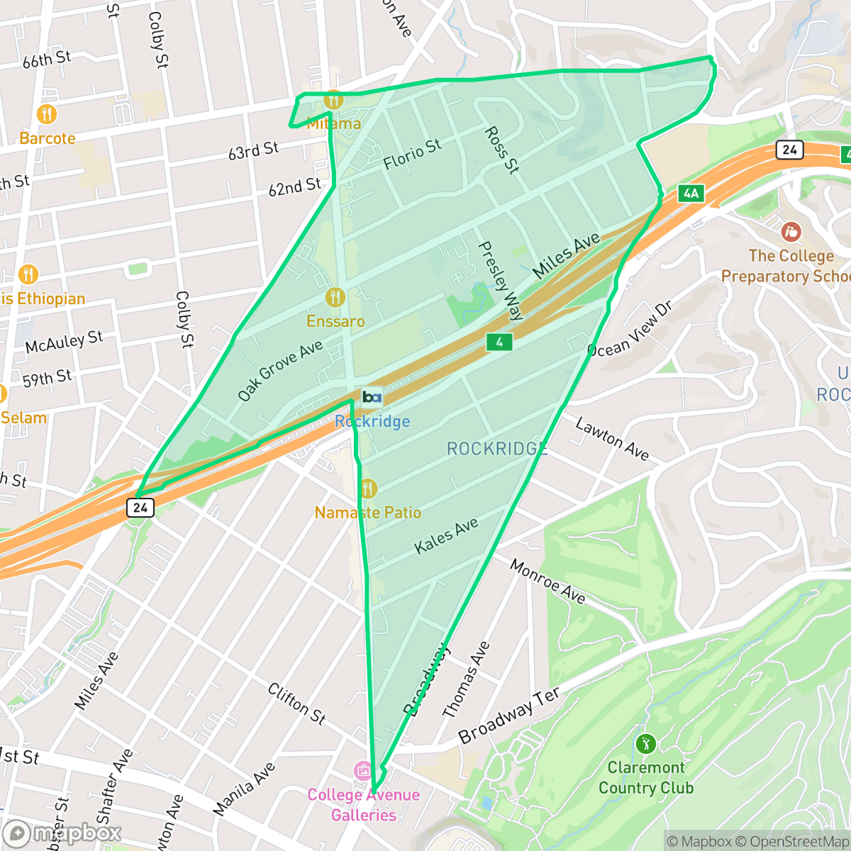 Map showing the location of Rockridge, Oakland, CA