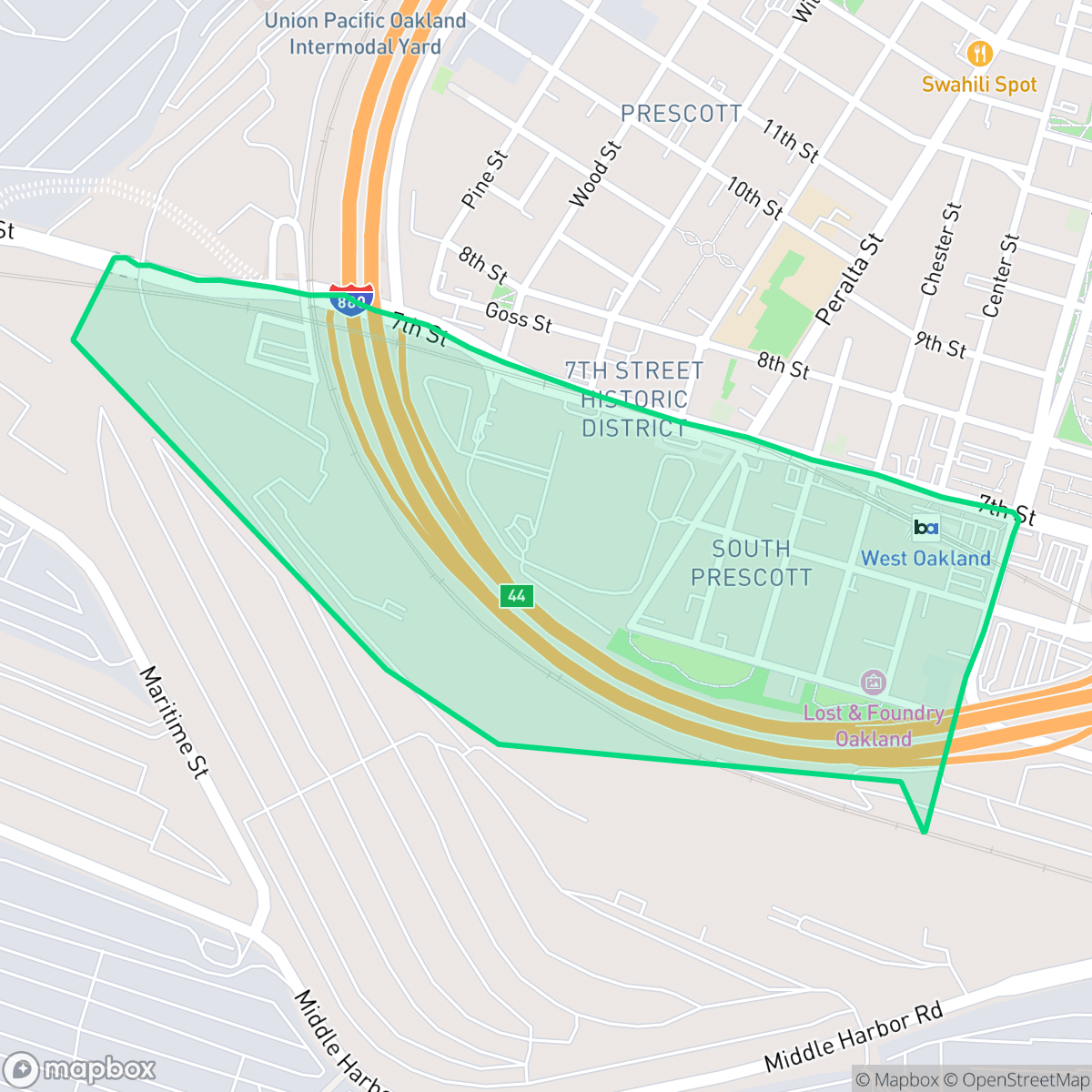 Map showing the location of South Prescott, Oakland, CA