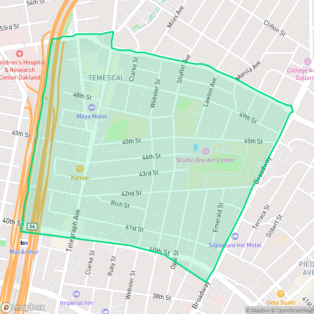 Map showing the location of Temescal, Oakland, CA