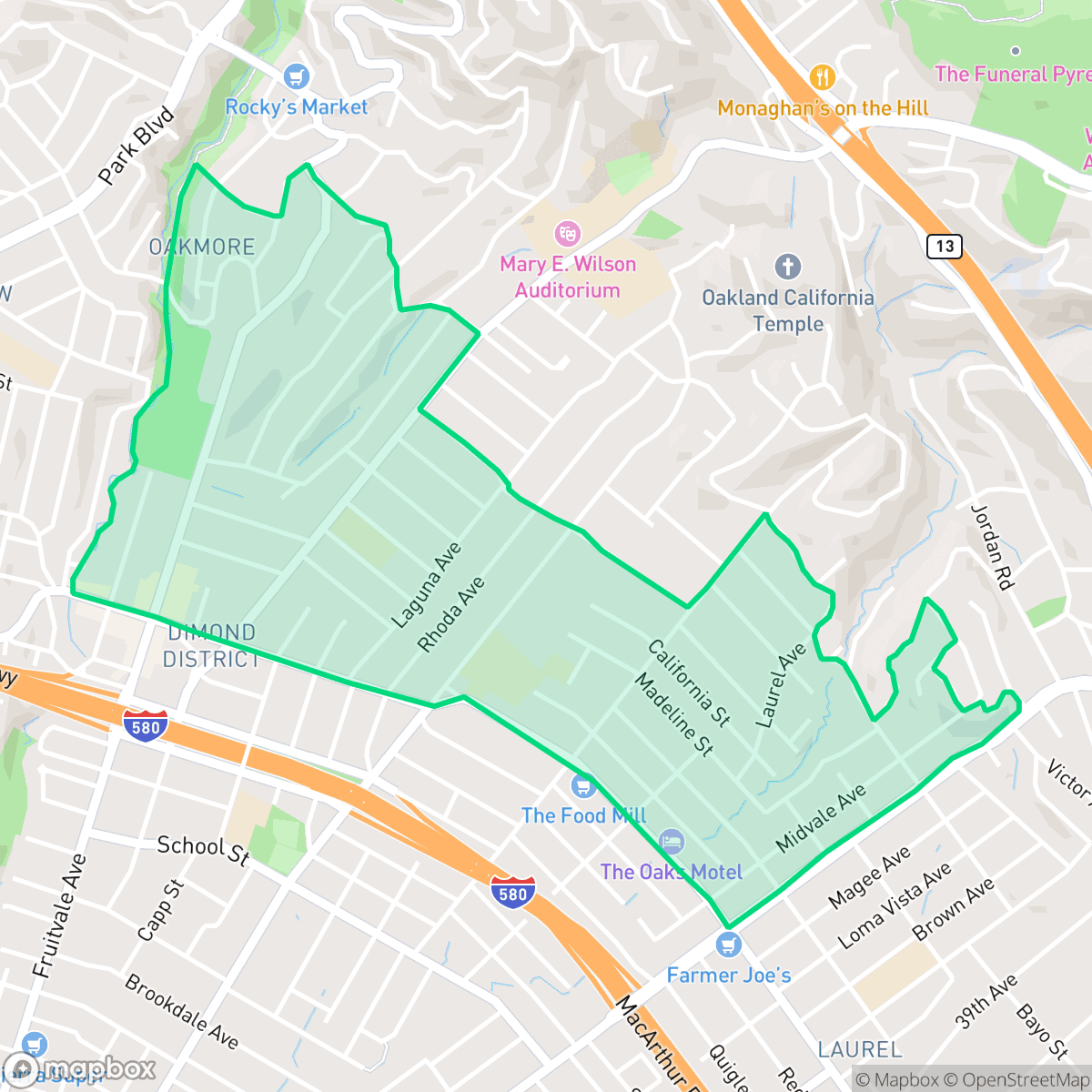 Map showing the location of Upper Dimond, Oakland, CA