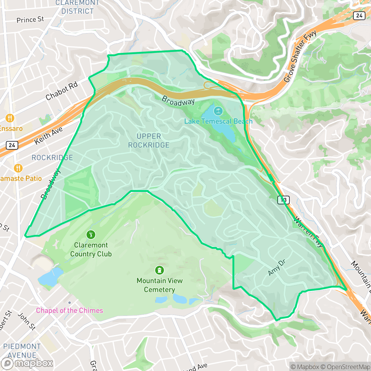 Map showing the location of Upper Rockridge, Oakland, CA
