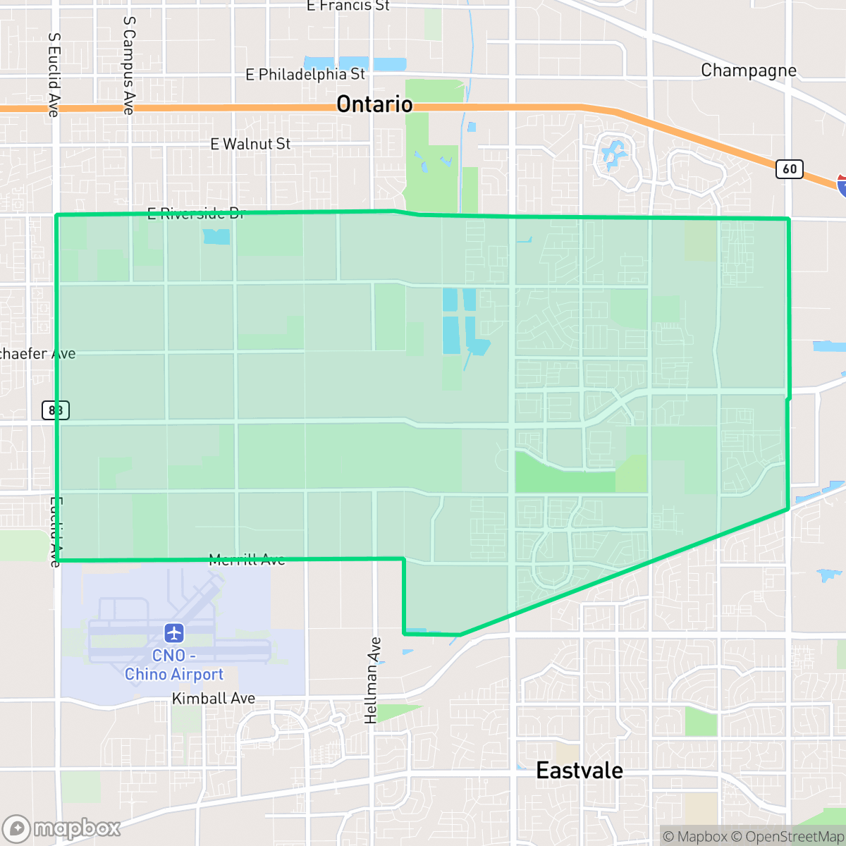 Map showing the location of Ontario Ranch, Ontario, CA