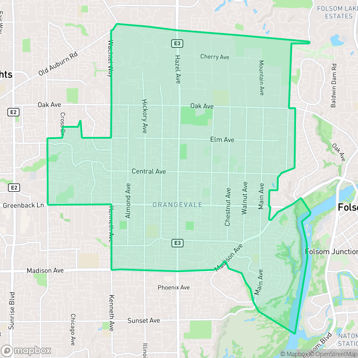 Map showing the location of Orangevale, CA — coverage area