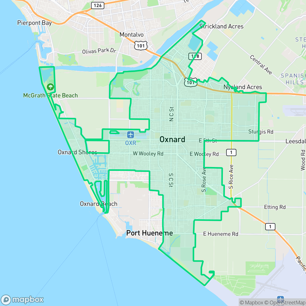 Map showing the location of Oxnard, CA — coverage area