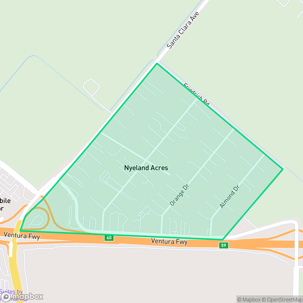 Map showing the location of Nyeland Acres, Oxnard, CA