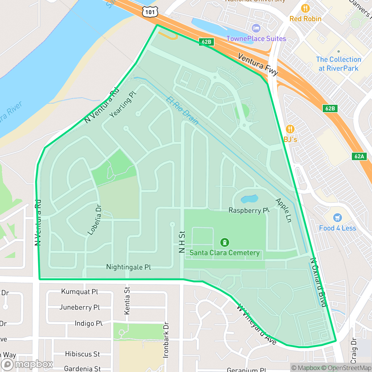 Map showing the location of South Bank, Oxnard, CA