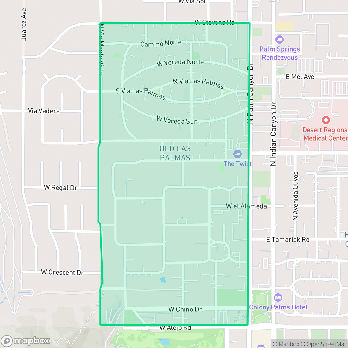 Map showing the location of Old Las Palmas, Palm Springs, CA