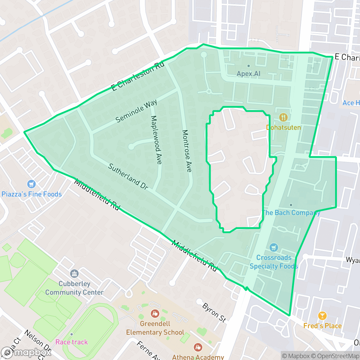 Map showing the location of Charleston Gardens, Palo Alto, CA