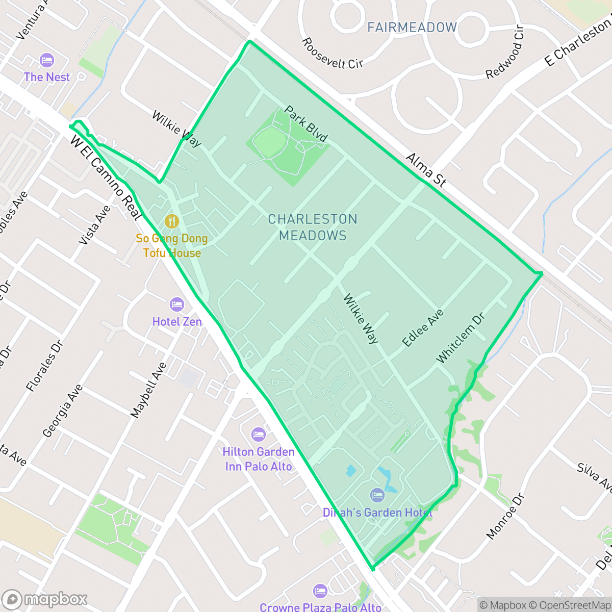 Map showing the location of Charleston Meadow, Palo Alto, CA