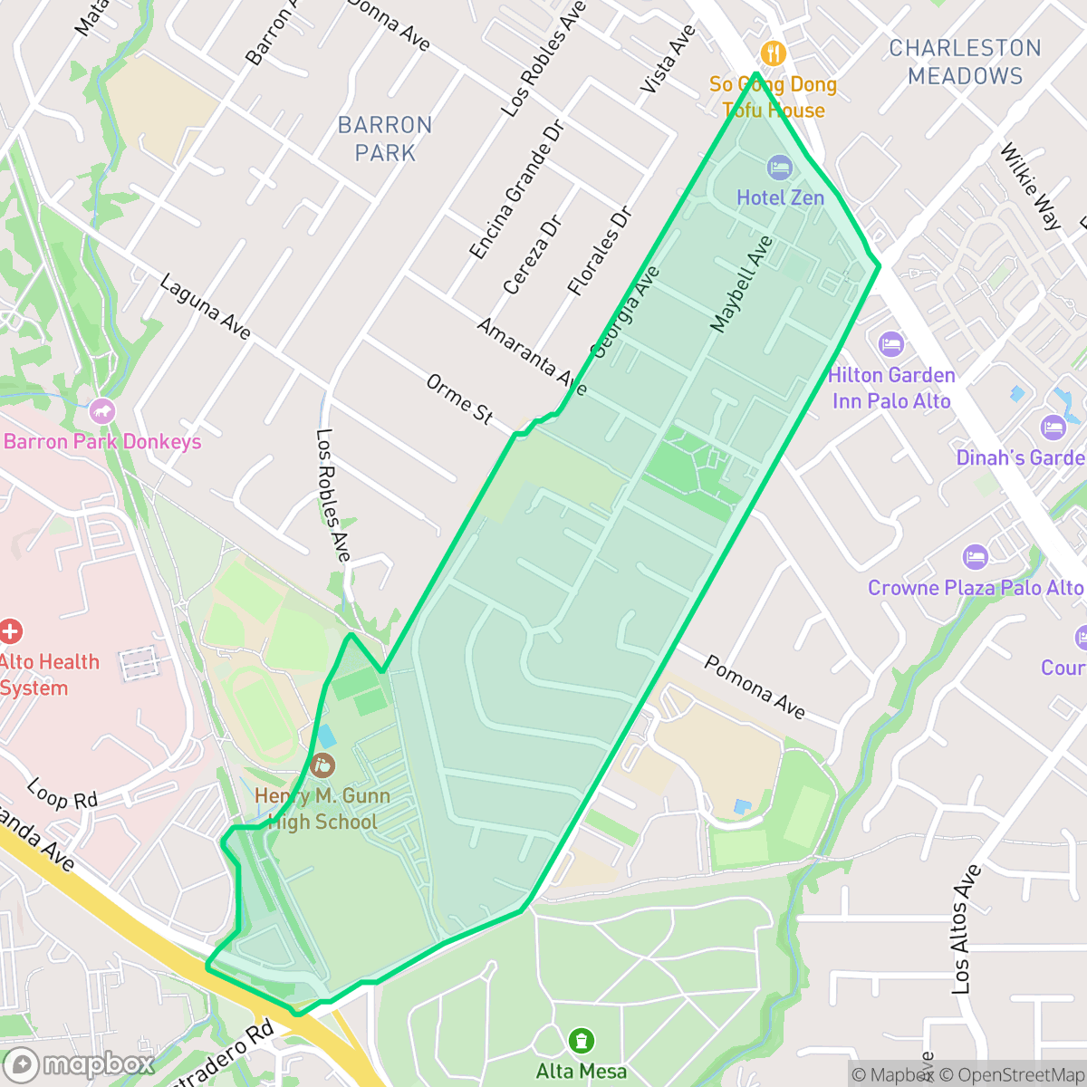 Map showing the location of Green Acres, Palo Alto, CA