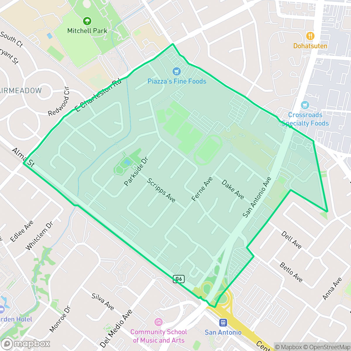 Map showing the location of Greenmeadow, Palo Alto, CA