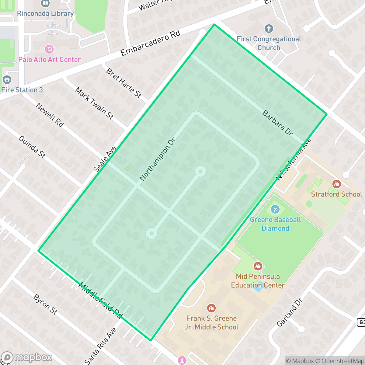 Map showing the location of Leland Manor, Palo Alto, CA