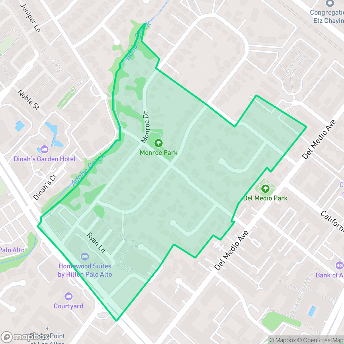 Map showing the location of Monroe Park, Palo Alto, CA