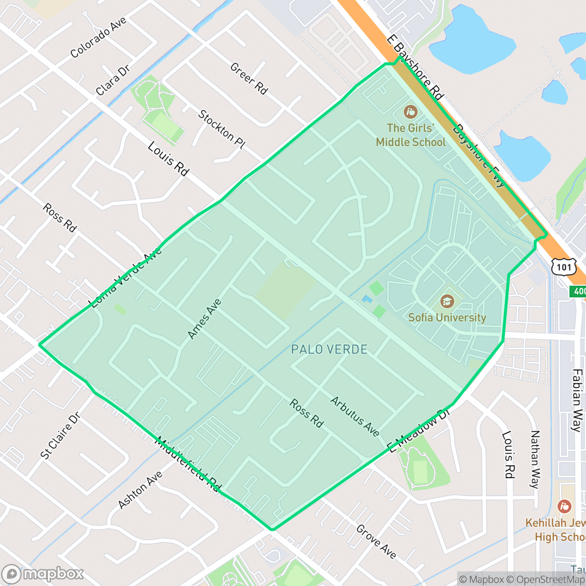 Map showing the location of Palo Verde, Palo Alto, CA